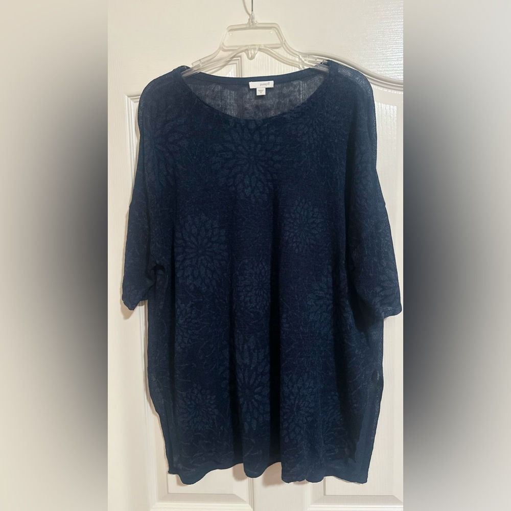 Women’s Pure Jill‎ Linen Blend Navy Blue Floral Sheer Top. Size Medium.